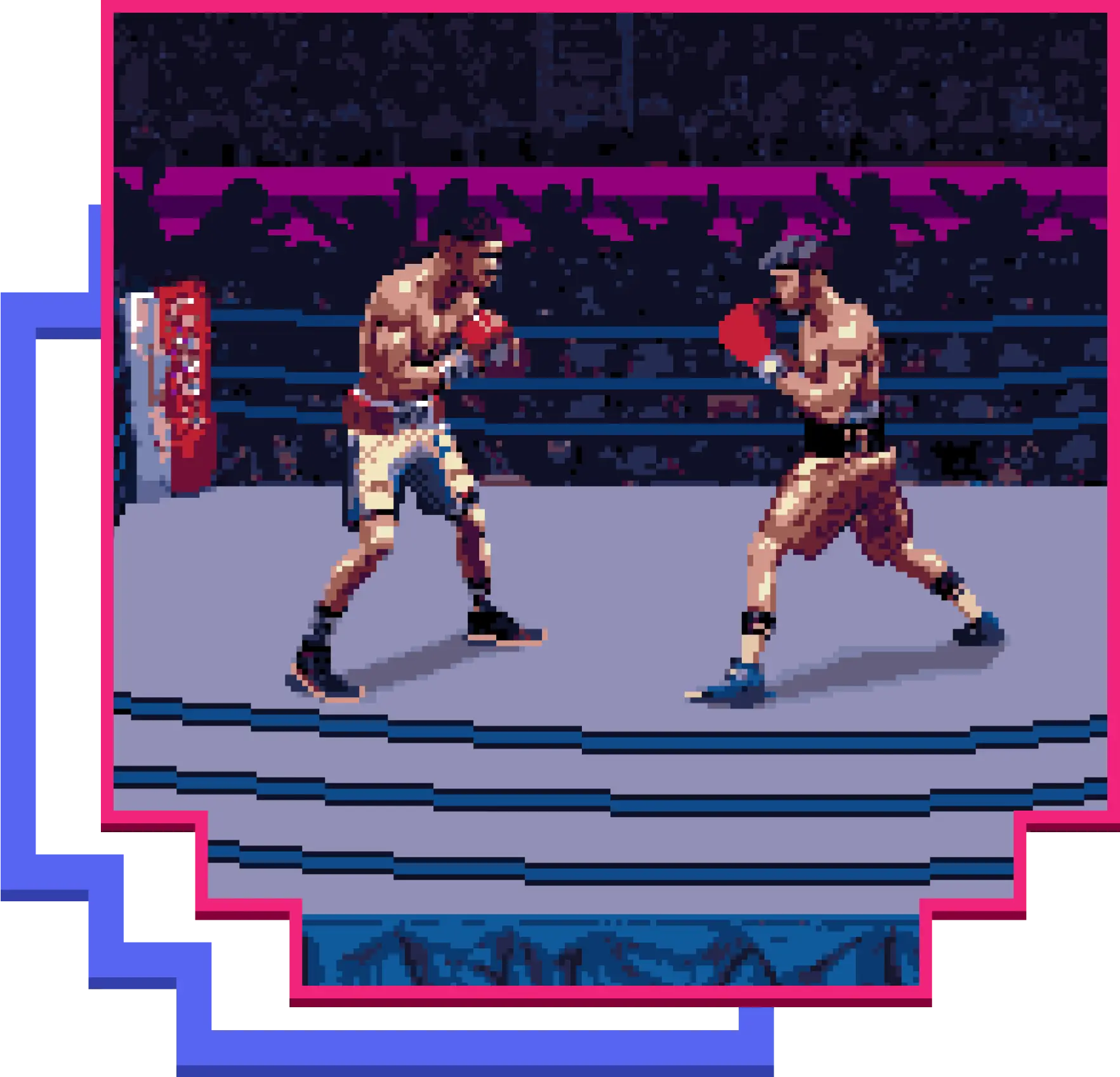 Two MMA fighters on a ring, pixelated videogame style