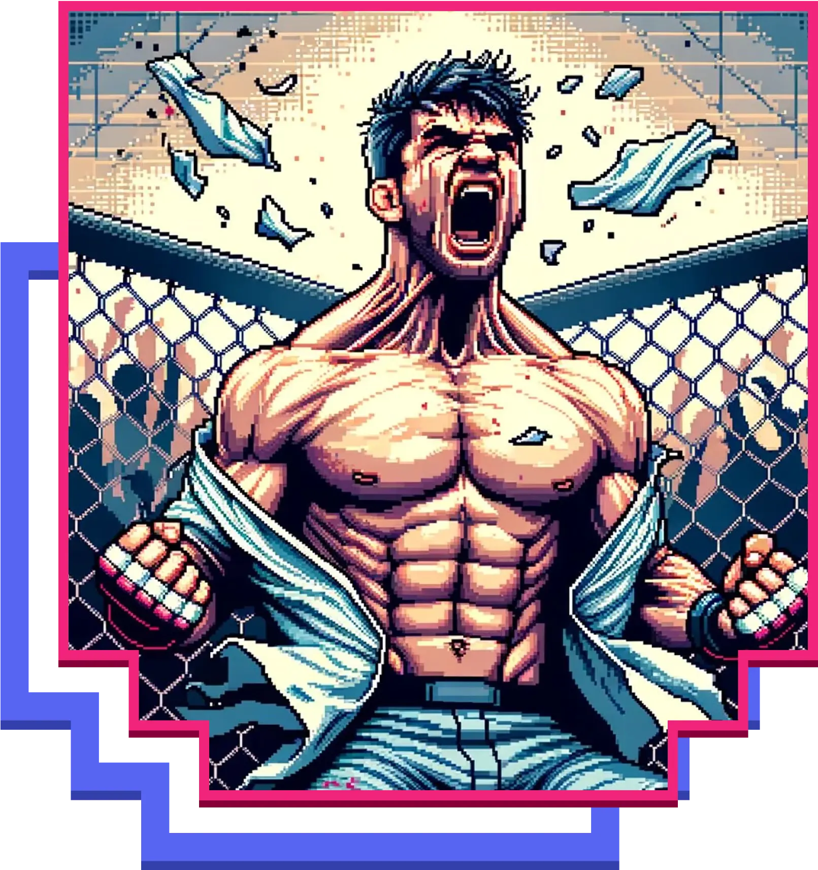 Fighter in a cage ripping his shirt off, pixelated videogame style